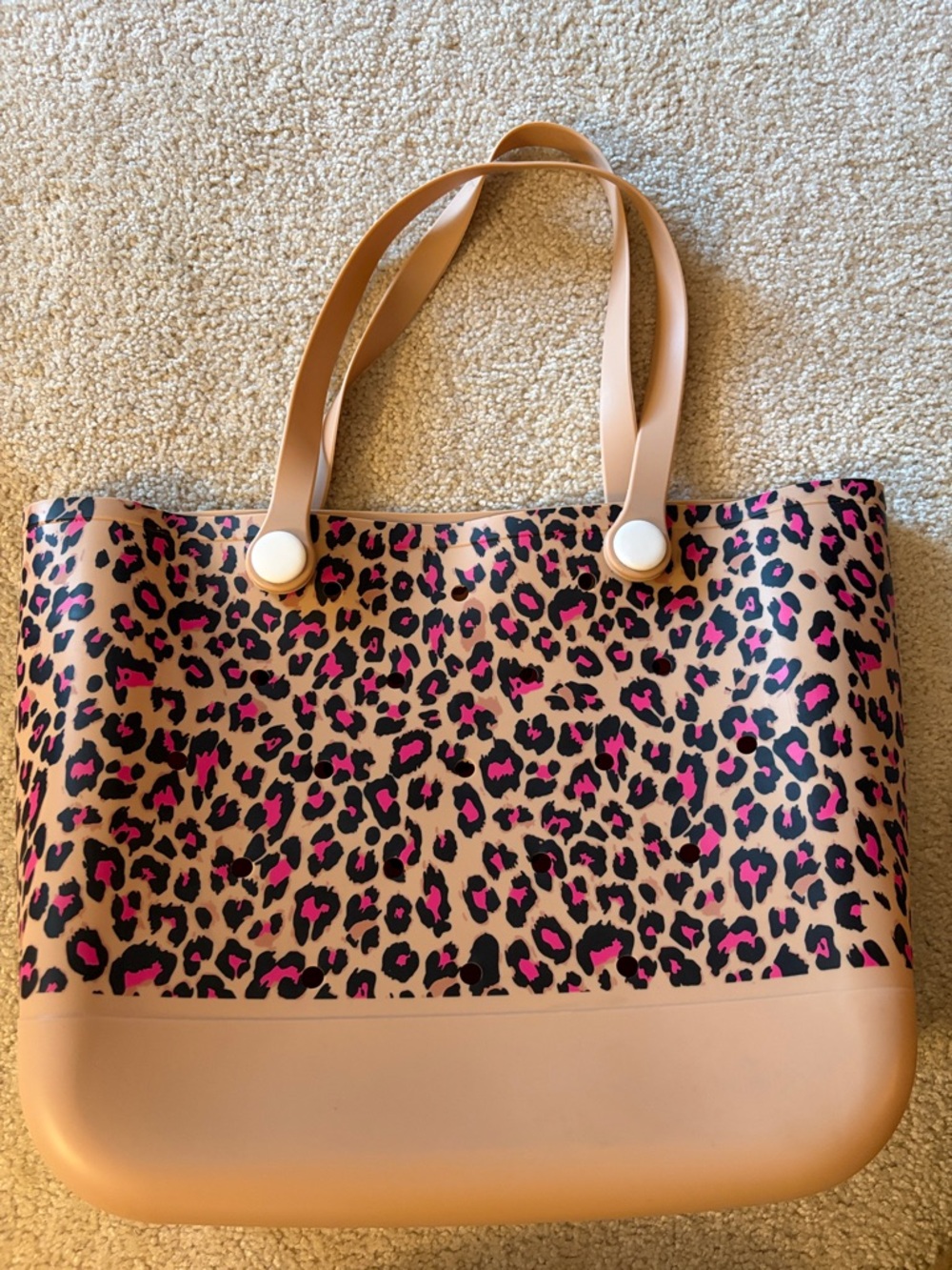 Waterproof Rubber Beach Large Tan and Pink Leopard Print Tote Bag for Pool/Boat
